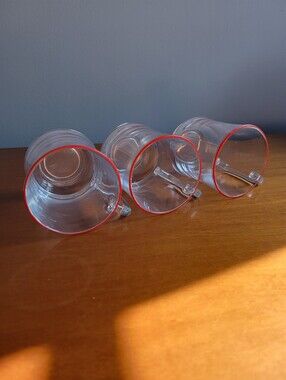 Vintage Duralex France Clear Glass Mugs Red Rim Coffee Cups Set of 3